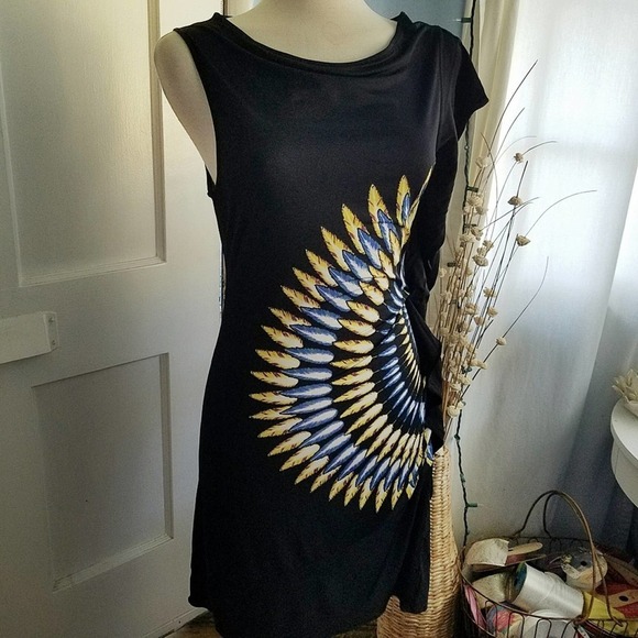 BCBGMaxAzria Dresses & Skirts - Black Feather Print Dress by BCBG MaxAzria Blue & Yellow / Size Medium